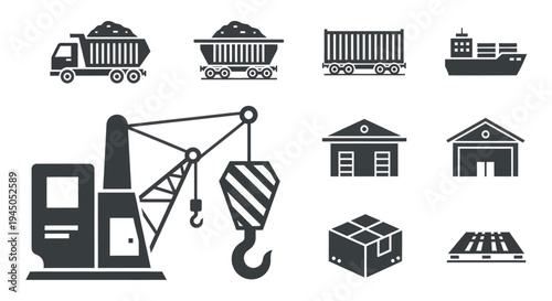 Crane Hook Logistics Icons Set Illustration.