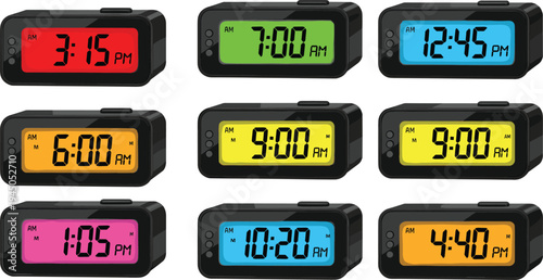 Digital alarm clock set showing different times colorful electronic bedside clock display vector illustration isolated on white background