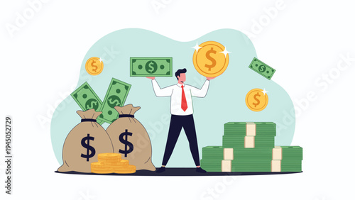 Businessman celebrating financial prosperity and wealth while holding money and large gold coin among cash piles.