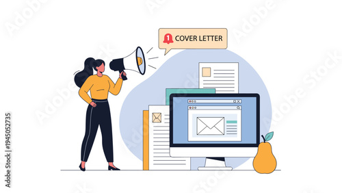 Woman using megaphone to announce job opening or vacancy next to computer screen and resume cover letters.