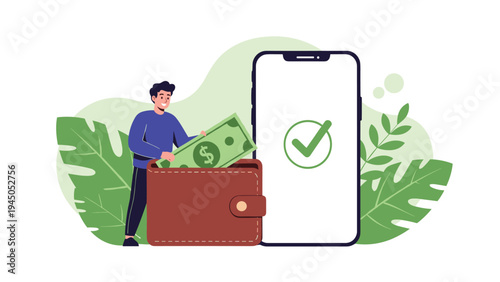Man putting money into large leather wallet next to smartphone with successful transaction confirmation checkmark.