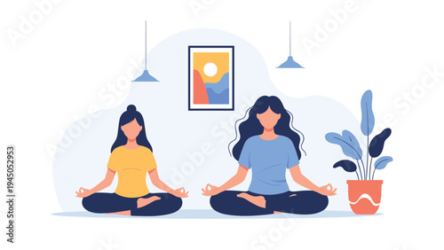 Mother and daughter practicing yoga meditation and mindfulness together in peaceful living room at home.