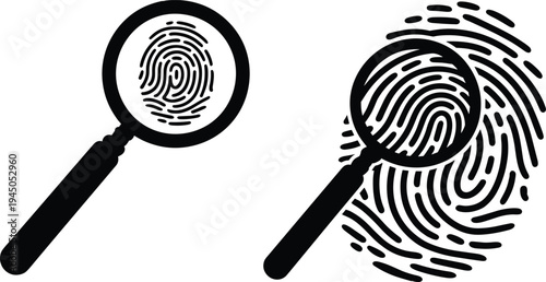 Fingerprint with magnifying glass forensic investigation icon set biometric identity analysis criminal evidence detection security symbol vector illustration isolated