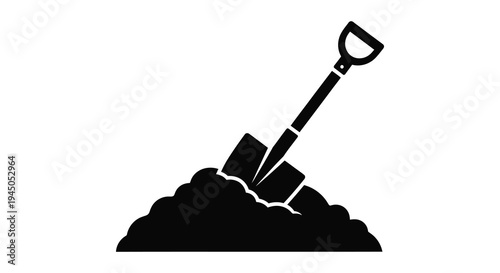 A black silhouette of a shovel digging into a mound of earth and stones silhouette