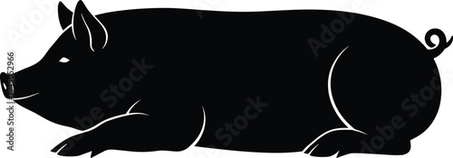 Pig silhouette lying down, farm animal black vector illustration isolated on white background, simple livestock icon for agriculture, farming concept, meat industry design