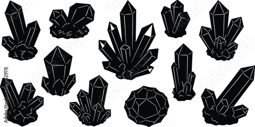 Black crystal icon set, geometric mineral shapes, faceted gemstone silhouettes, abstract crystal vector collection, polygonal crystal design, stylized crystal formations