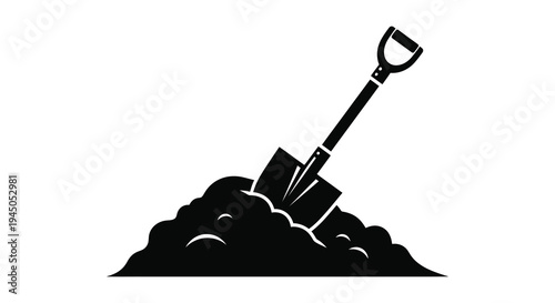 A black silhouette of a shovel stuck in a pile of dirt representing gardening or digging silhouette