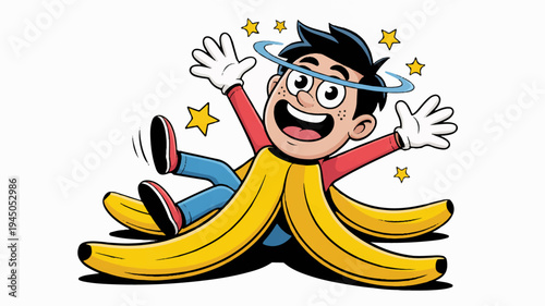 Happy cartoon boy sitting on bunch of yellow bananas with arms outstretched in excitement and starburst around head on white background