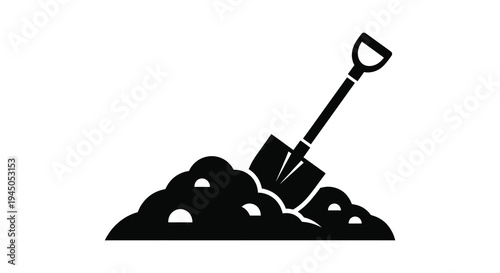 A black silhouette of a garden shovel stuck in a pile of earth representing digging silhouette