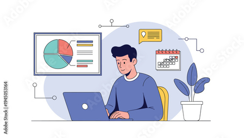 Data analyst working on laptop with financial charts and schedule calendar to manage business performance.