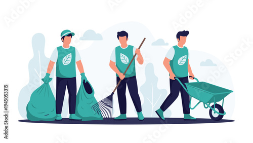 Team of environmental volunteers cleaning park by collecting trash and raking leaves for green city initiative.