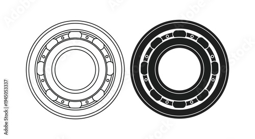 Two detailed illustrations of ball bearings are presented in contrasting styles a silhouette high quality professional