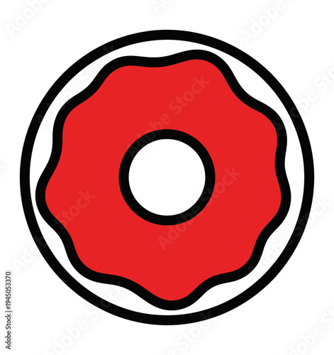 A vibrant, stylized vector illustration of a classic ring-shaped donut with luscious red frosting, perfect for sweet cravings and a delightful snack treat or dessert