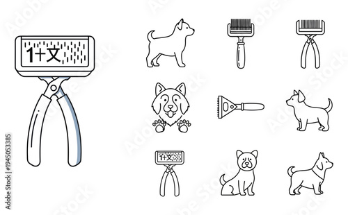 Collection of Dog Grooming Tools and Dog Illustrations, Including Brushes, Combs, and Various Dog Breeds, Perfect for Pet Care and Animal Enthusiast Content