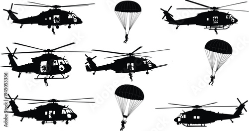Military Helicopter Silhouettes Set with Paratroopers and Soldiers Rappelling for Tactical Aviation Backgrounds Air Force Defense and Rescue Mission Graphic Design Elements
