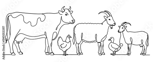 Farm animals line drawing illustration - cow, goat, chicken, duck, sheep standing together in a row - simple outline style