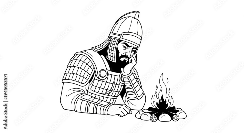 Obraz premium Medieval warrior contemplating by campfire, historical illustration
