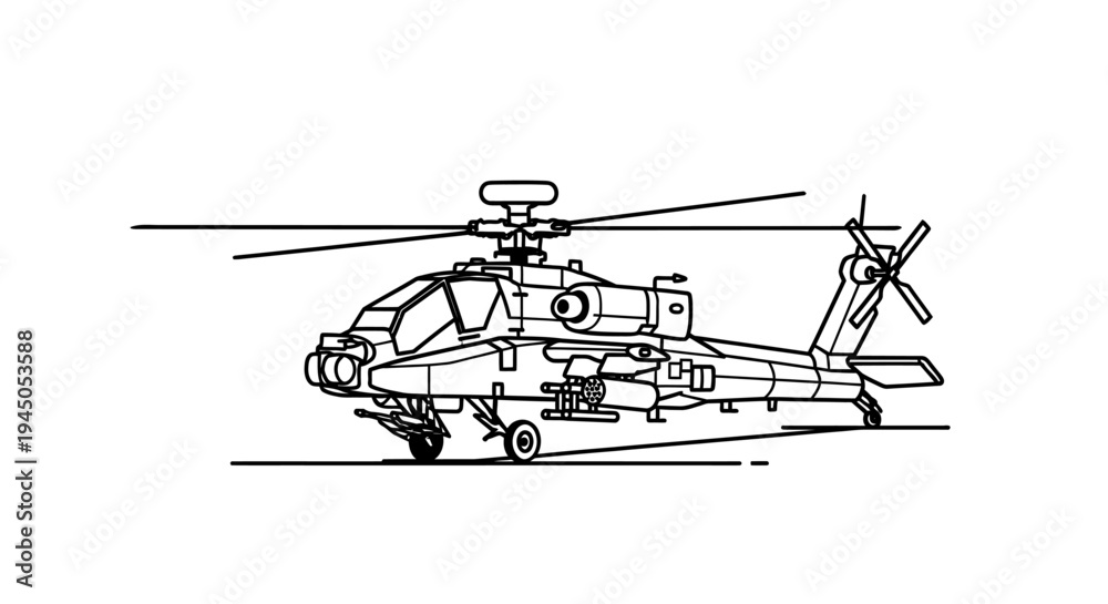 Fototapeta premium Military Attack Helicopter Blueprint Drawing - Side View