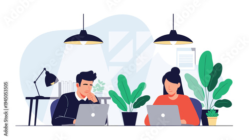 Male and female colleagues working focused on laptops in modern office environment with plants and lamps.