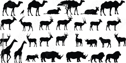 Black silhouette African safari animals vector illustration, camel giraffe rhino lion antelope design, wildlife collection artwork, exotic nature elements, decorative animal graphics
