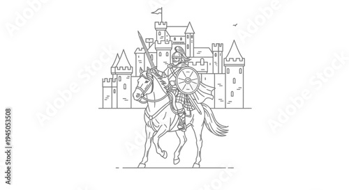 Medieval Knight on Horseback Before Castle - Line Art Illustration