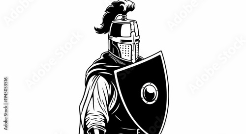 Medieval Knight Warrior with Shield and Helmet, Black and White Illustration