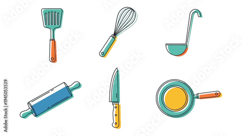 Vibrant illustration of essential kitchen utensils a whisk, spatula, ladle, rolling pin, knife, and pan. Perfect for home cooking and culinary activities