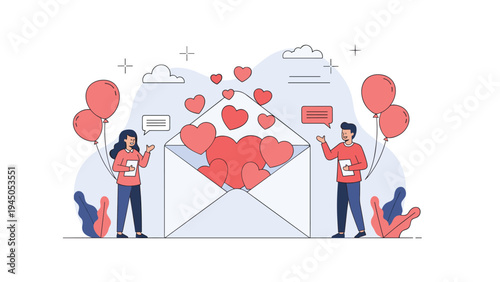 Happy couple exchanging love letters and messages represented by large envelope full of red hearts and balloons.