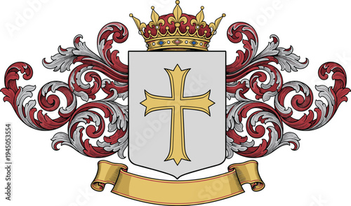 Royal heraldic shield with golden cross and crown, ornate vintage coat of arms illustration with decorative scroll elements isolated on white background