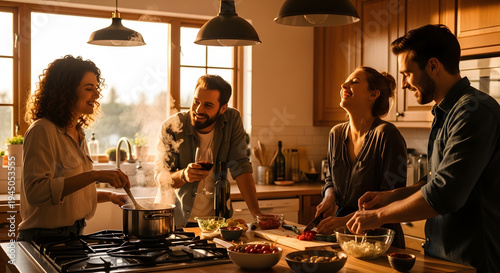 Diverse group of people preparing a meal together while enjoying wine and conversation at home