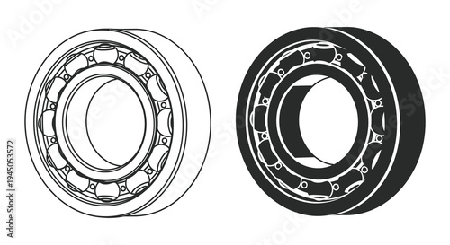 Detailed illustration of two ball bearings one light and one dark in a stark silhouette