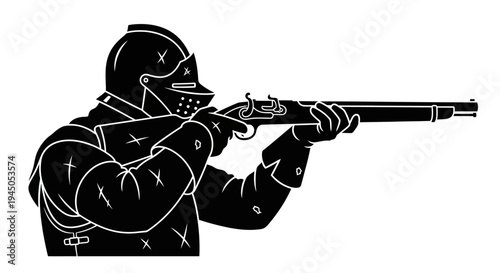 Medieval Knight with Musket Aiming Rifle Silhouette Black and White
