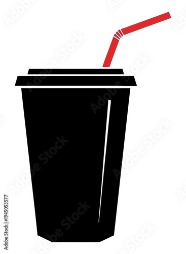 Sleek minimalist vector icon a black disposable cup with a vibrant red straw, perfectly depicting a takeaway drink, refreshment, or fast-food beverage for convenient consumption