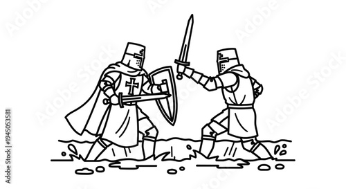 Medieval Knights Fighting with Swords and Shields in Water