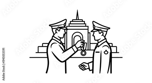 Military Award Ceremony: Officer Decorating Soldier with Medal in Front of Monument