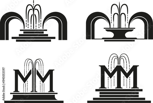Modern fountain and metro letter M silhouette icon set featuring urban water fountain symbols public square decoration and subway station signage vector collection
