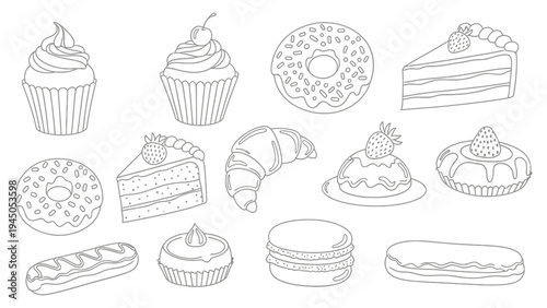 A delightful collection of outline illustrations featuring a variety of delicious baked goods and sweet treats, perfect for any culinary design project