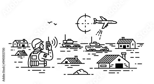 Military drone strike: soldier controls drone targeting airplane over village