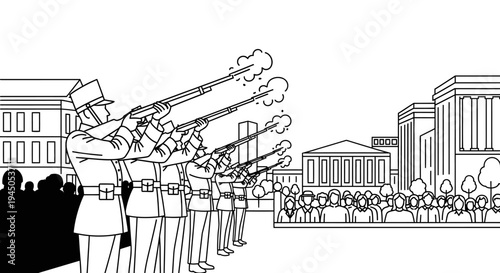 Military Firing Squad Salute with Rifles Firing and Smoke, Formal Ceremony