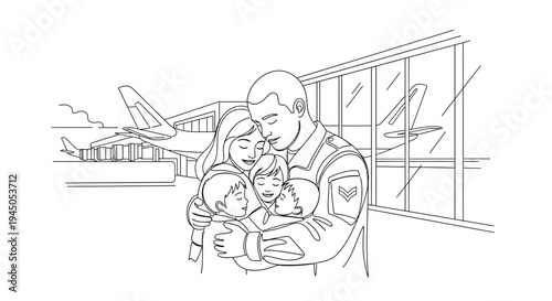 Military Family Reunion at Airport: Soldier Hugs Wife and Children After Deployment