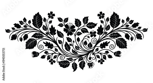 An elegant floral arrangement with swirling vines and delicate blossoms presented as a silhouette high quality