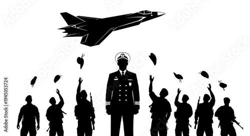 Military Honor Ceremony: Jet Flyover, Commander, Soldiers Tossing Hats