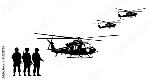 Military helicopters and soldiers, aerial assault, tactical operation, army transport, combat readiness