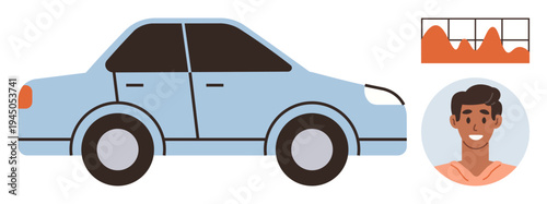 Driving behavior, vehicle data, customer insights, analytics, performance tracking, user feedback. Blue car, data graph smiling man. Driving data and vehicle performance analytics concept