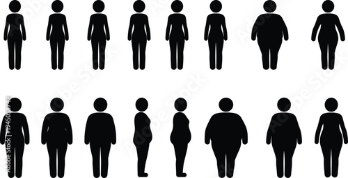 Black silhouette human body shapes vector illustration, male and female figures, slim and obese design, fitness health concept, medical body outline artwork