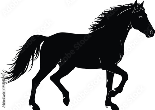 Black silhouette horse running vector illustration, domestic farm animal artwork, equine design, wild stallion outline, decorative horse figure, nature inspired graphic art