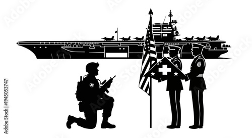 Military Honor Guard Folds Flag Before Aircraft Carrier, Soldier Kneels in Respect