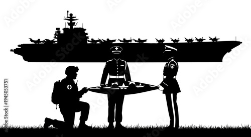 Military Honor Guard Folds Flag Before Aircraft Carrier Silhouette