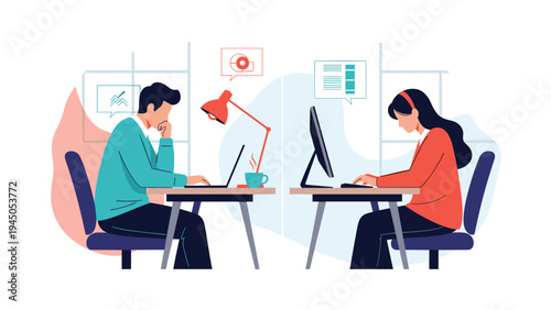 Male and female employees working diligently at their desks on laptop and computer in office setting.