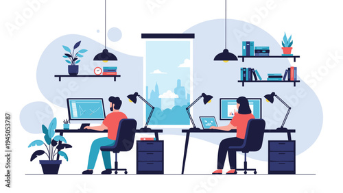 Professional male and female employees working at their computer desks in a modern office environment with indoor plants.